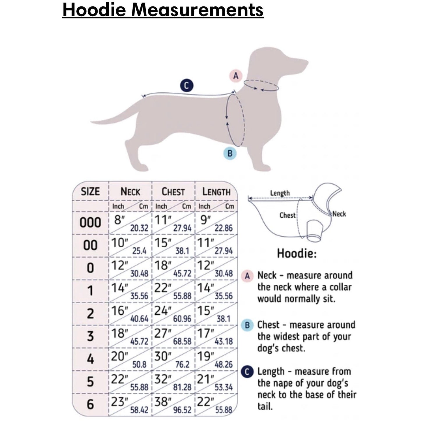 Measurement size guide for The Sharper Barker fleece dog hooded jumper