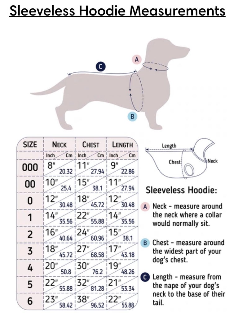 Size chart for The Sharper Barker sleeveless dog hooded fleece jumper