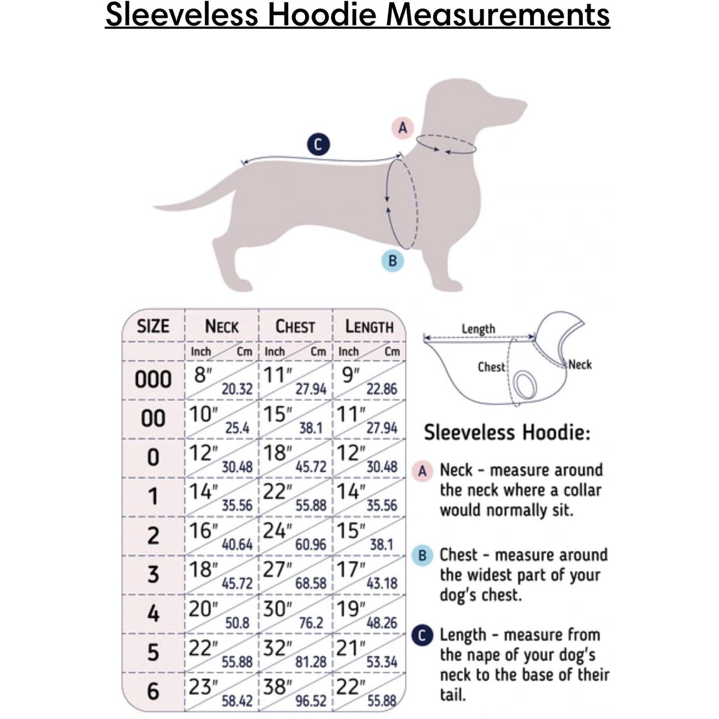 Size chart measurement guide for The Sharper Barker sleeveless dog hoodie