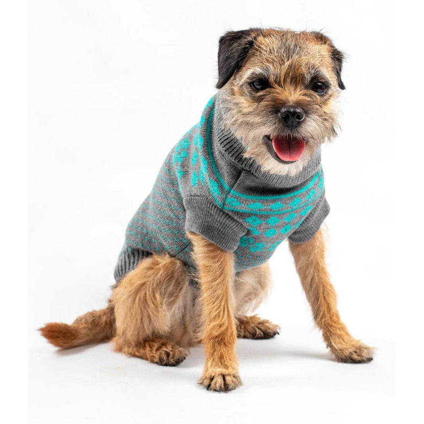 Canine and Co The Bailey Fairisle Dog Jumper in Teal on Grey