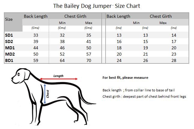 The Bailey Dog Jumper size chart measuring guide